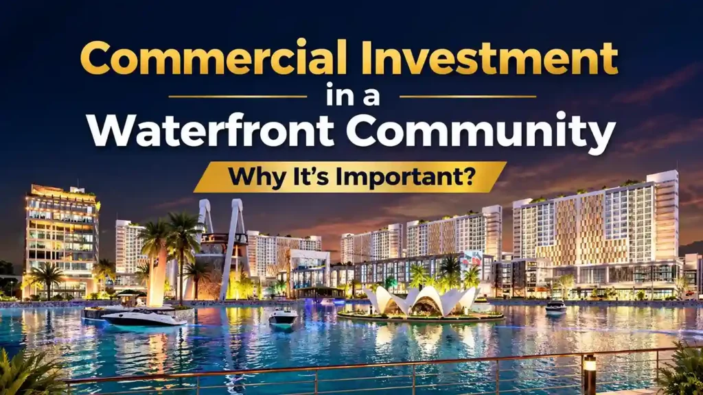 Commercial investment in a waterfront community with modern buildings, lakefront views and lifestyle spaces