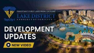 Lake District development updates featuring a lakefront skyline, modern buildings, waterfront spaces and landscaped surroundings in TopCity-1 Islamabad